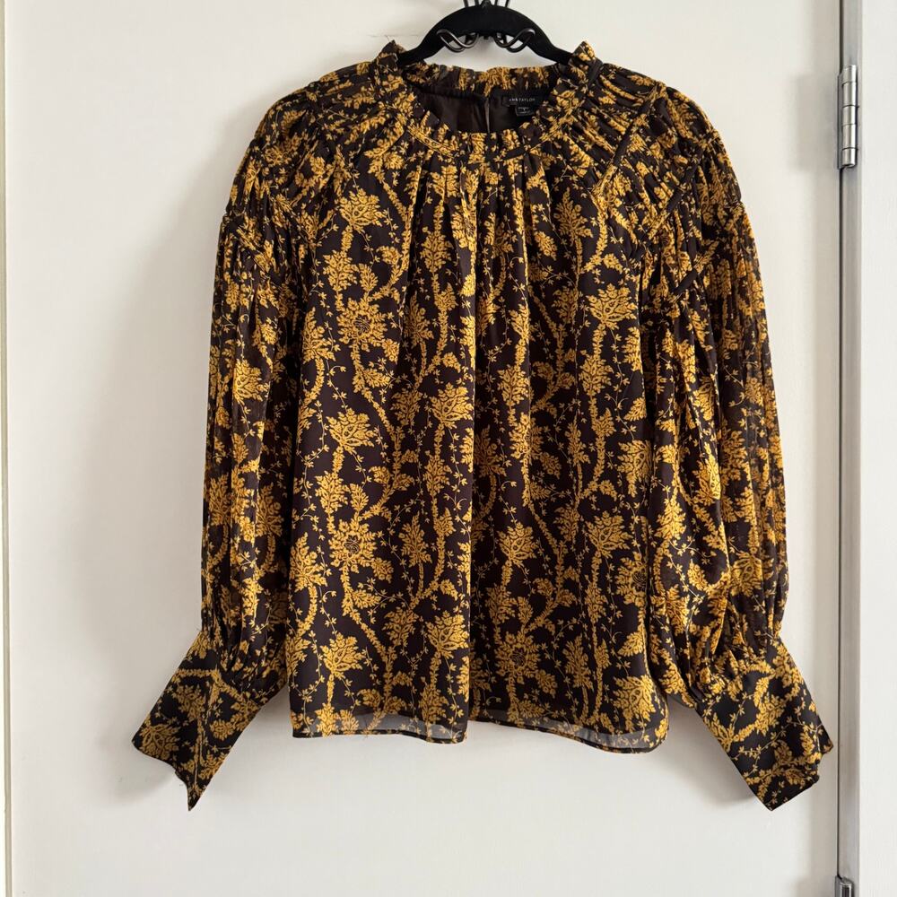 Ann Taylor Floral Smocked Top Yellow Blue Ruffle Neck Long Sleeve Sz S